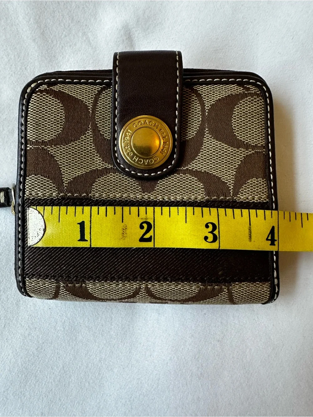 Coach Signature Stripe Bifold Wallet Brown Khaki Canvas Leather Snap Zip Wallet